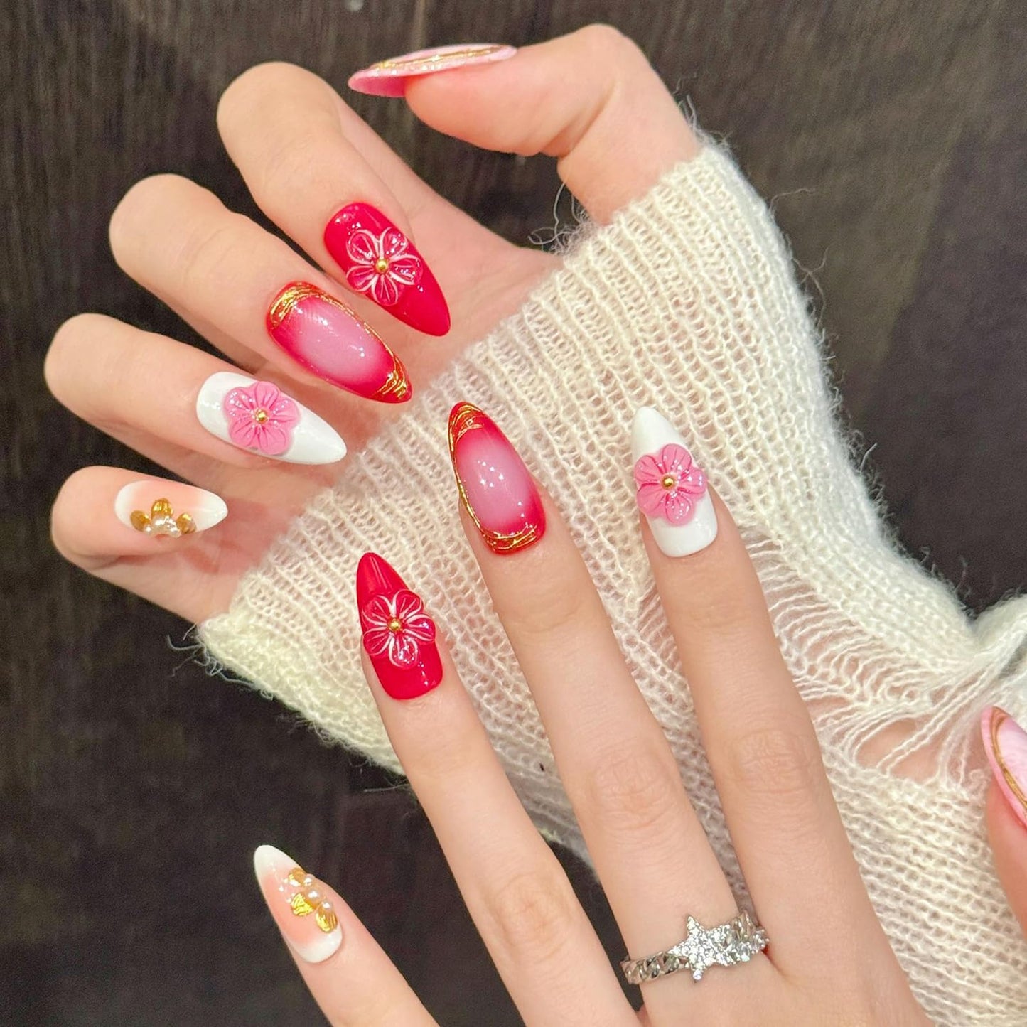 10Pcs Spring Handmade Press On Nails Medium Almond Fake Nails with 3D Flower Gold Foil Design Glossy Acrylic False Nails Reusable Full Cover Nails Press ons Holiday Stick on Nail for Women (S)
