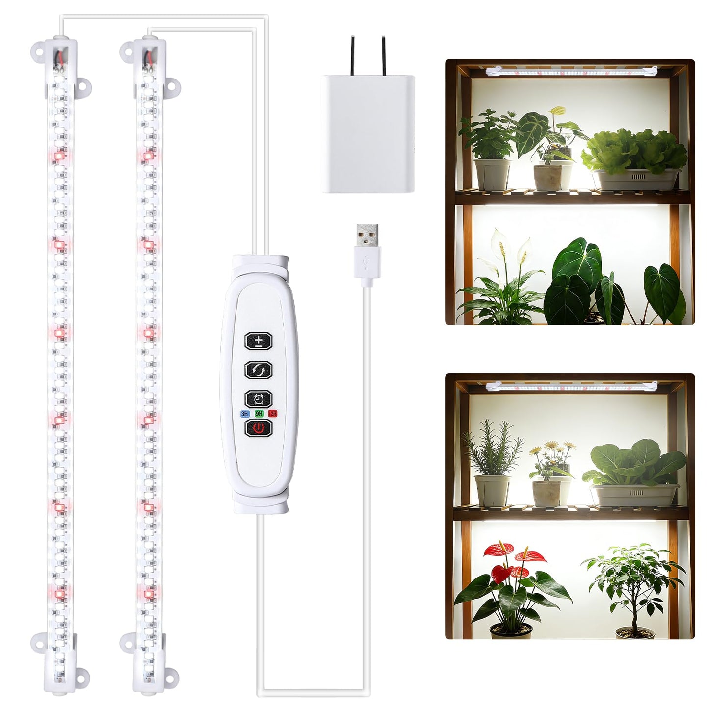 2 Head 13" Growing Lamp for Indoor Plants, Red & White Full Spectrum LED Grow Light Strips with Auto ON/Off, 3/9/12H Timer,10 Dimmable Levels for Green House Seedlings
