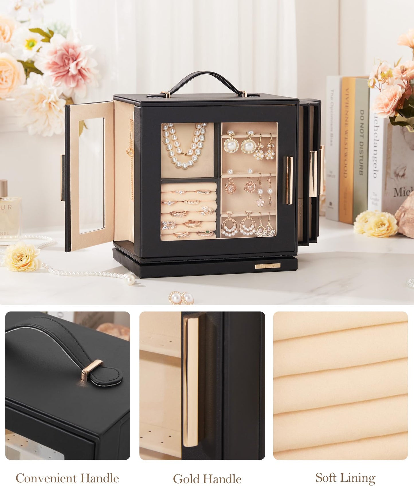 Homde Jewelry Box for Women Large: Rotating Organizer for Ring Earring Necklace Bracelet - 7 Drawers Storage for Dresser (Black)
