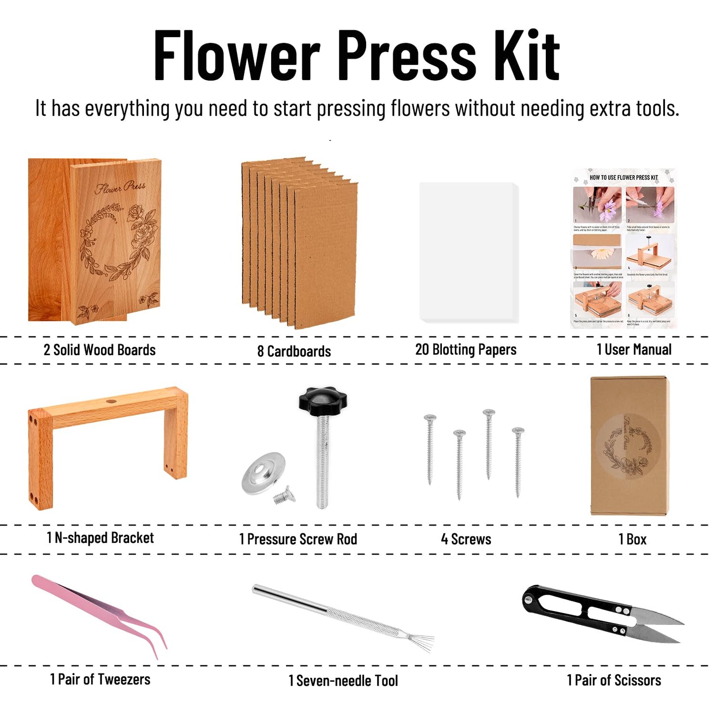v2croft Flower Press Kit, Even Pressure 10" x 6" Wooden Flower Pressing Kit with 8 Layers for Dried Plant Preservation, DIY Arts, Gift for Craft Lovers
