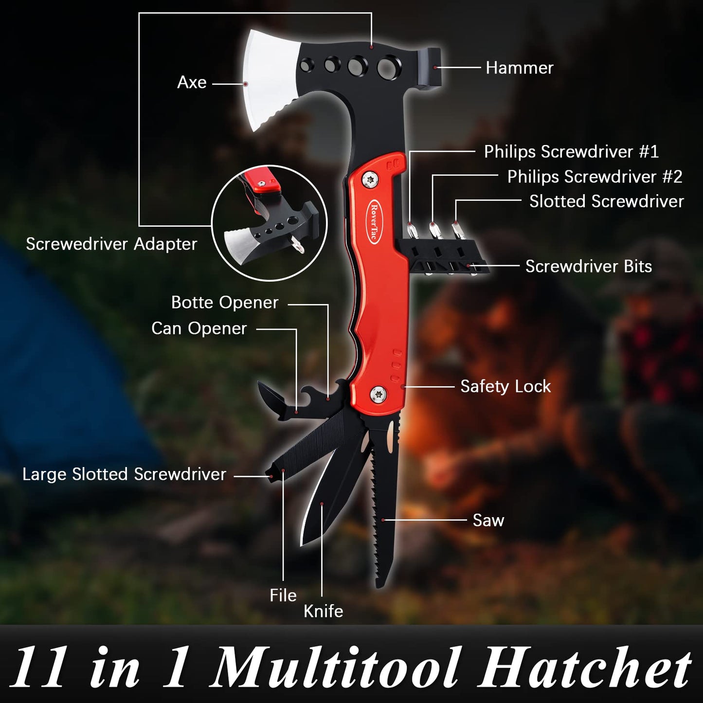RoverTac 11-in-1 Multitool Axe Hatchet – Camping Gear with Knife, Hammer, Saw, Bottle Opener, Screwdrivers – Survival Tool with Nylon Sheath – Perfect Gifts for Men, Camping, Hiking, and Survival.