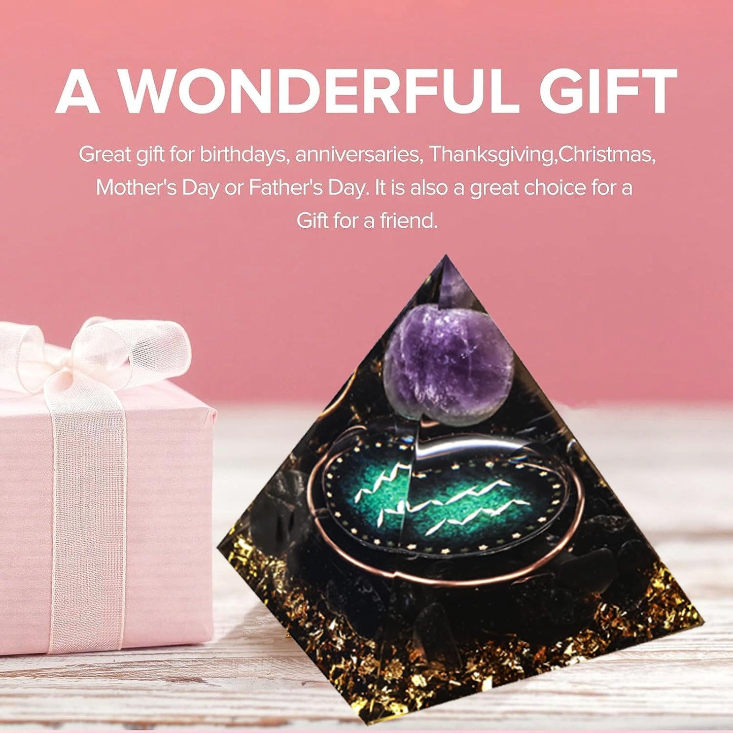 12 Zodiac Orgone Crystal Pyramid, Natural Amethyst with Obsidian,Healing Crystals Pyramid for Protection Chakra, Unique Constellation Pyramid for Positive Energy, Healing Money Health(Aquarius)