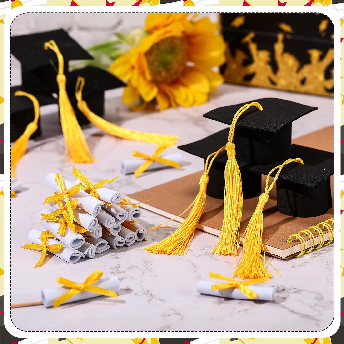 Funtery 36 Pcs Mini Graduation Hats Cupcake Toppers Graduation Scroll Decorations Black Grad Caps with Yellow Tassels Cupcake Toppers Bottle Decor for Graduate Party Supplies