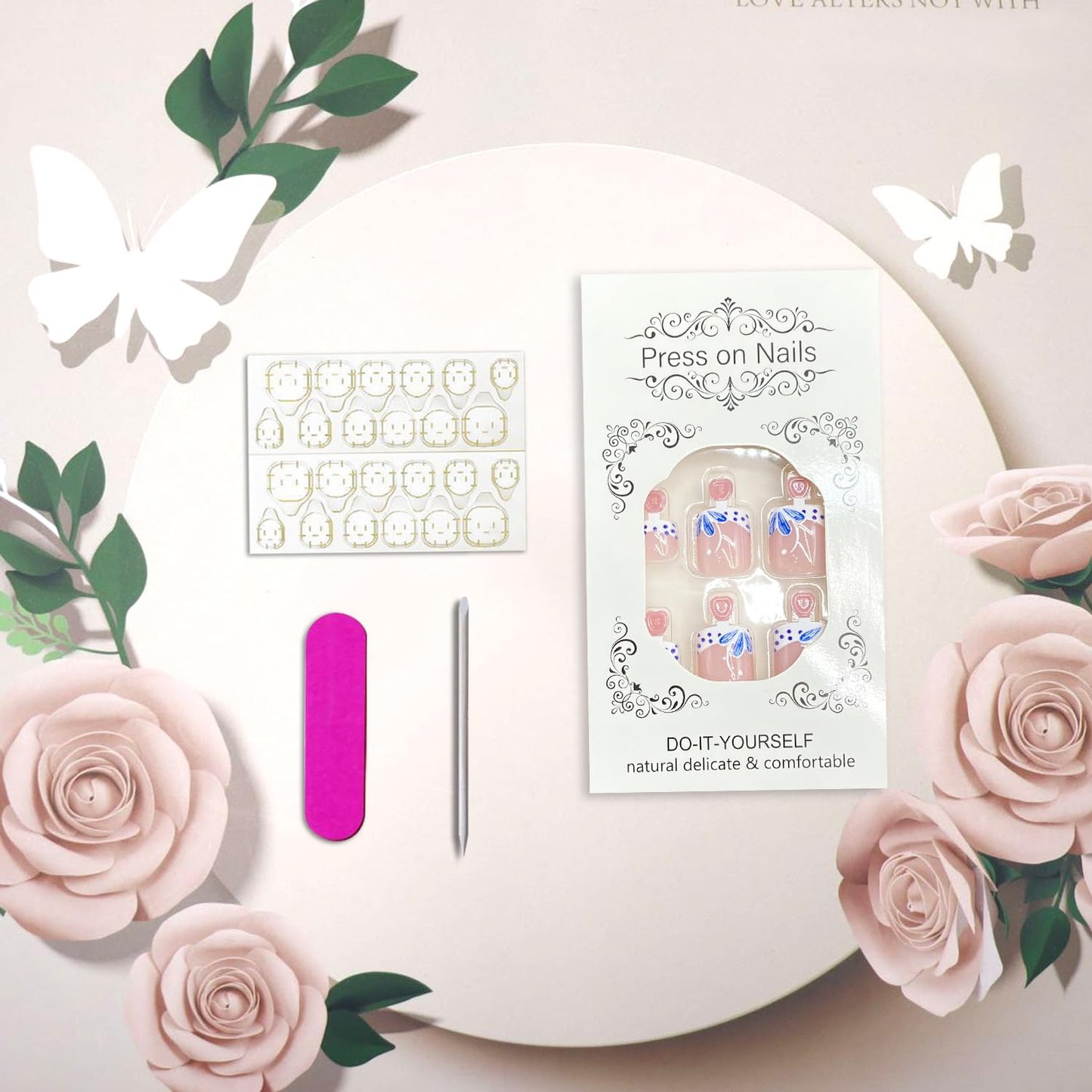Blue Flower Press on Toenails Summer False Toenails Glossy French Tip Toe Nails Reusable Full Cover Toe Nails for Women