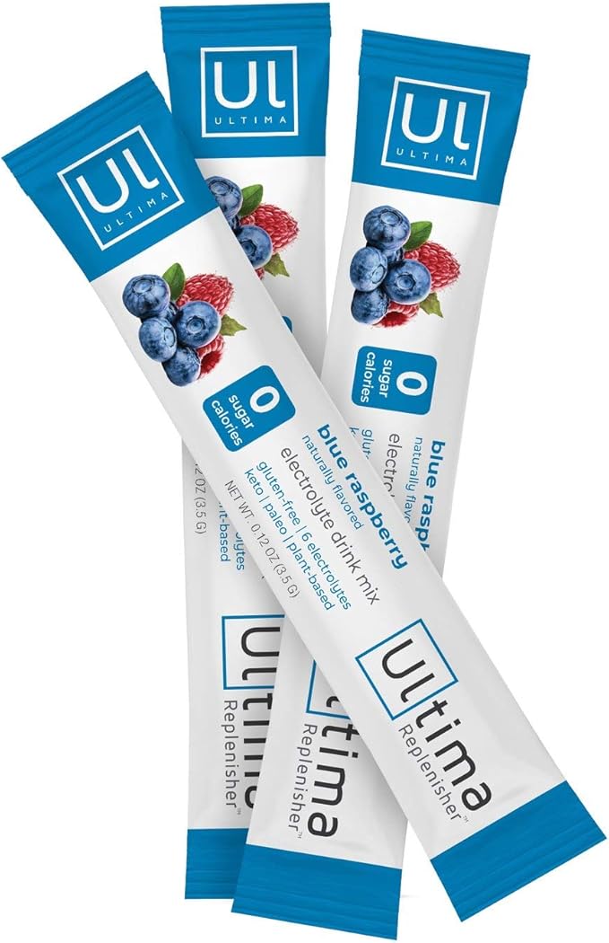 Ultima Replenisher Electrolyte Hydration Drink Mix, Blue Raspberry, 20 Serving Stickpack Box - Sugar Free, 0 Calories, 0 Carbs - Gluten-Free, Keto, Non-GMO, Vegan, with Magnesium, Potassium, Calcium