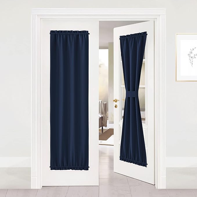 NICETOWN Blackout French Door Curtain - Thermal Insulated Side Door Window Curtain Panel Drape for Front Entry Way/Kitchen/Dining Room/Bathroom, Navy, 1 Panel, 25W by 72L inches