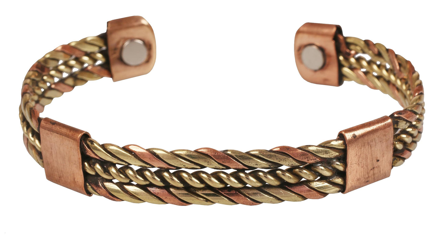 Touchstone Handcrafted Braided Copper Brass Multi Layer Magnetic Hand Forged With Solid High Gauge Tibetan Minimalistic Elegance Bracelet In Two Tones For Men And Women.