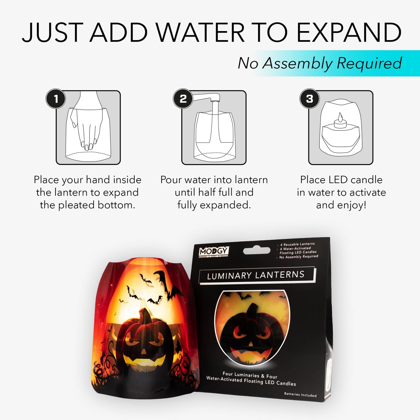 MODGY Luminary Lanterns, Halloween Candle Holders with Flameless Floating LED Candles, Indoor Outdoor Decor for Parties, Home, Windows, and Mantels, Table Centerpiece, 4-Pack, Jacko