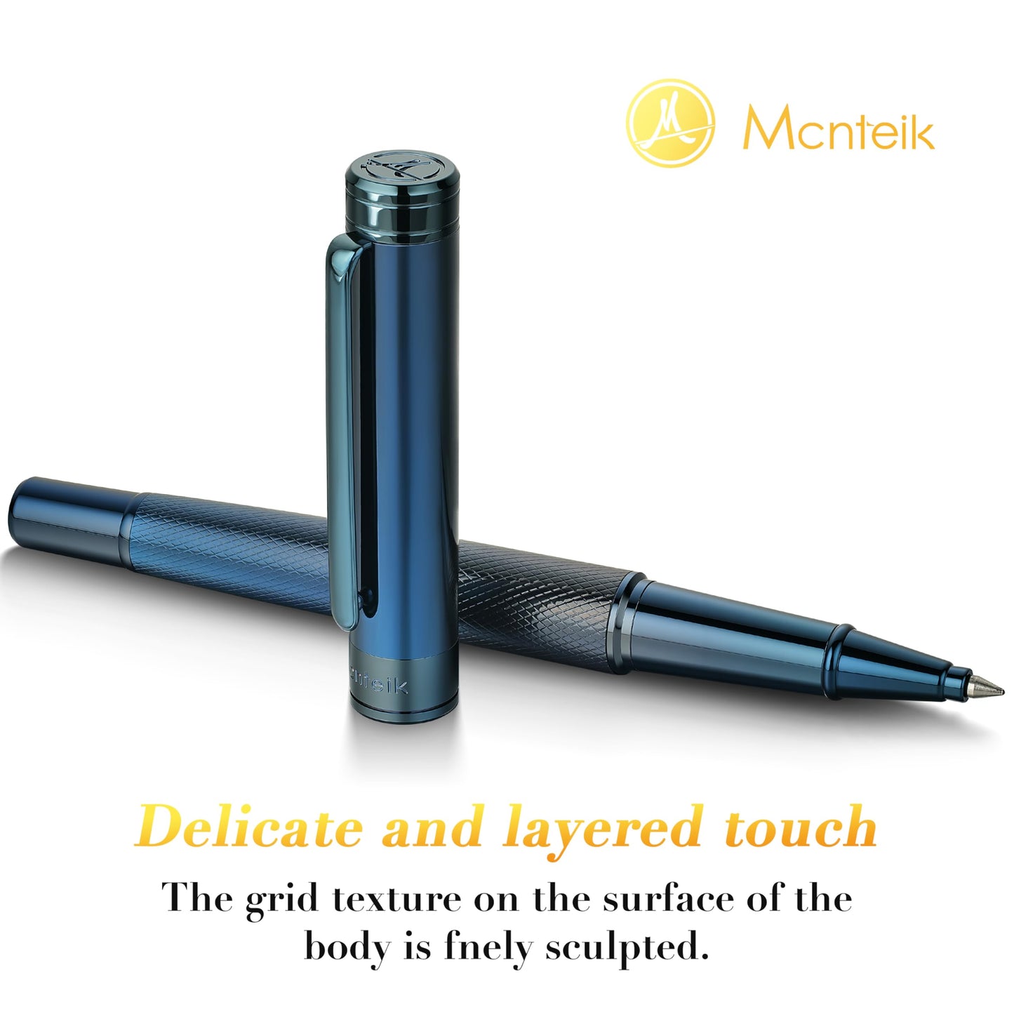 MCNTEIK Electroplated Blue Rollerball Pen, Stunning Luxury Pen with Mesh Texture Design、Schmidt Ink Refill, Nice Gift Set for Men & Women, Business, Executive, Office, Fancy, Nice Fancy Designer Pens