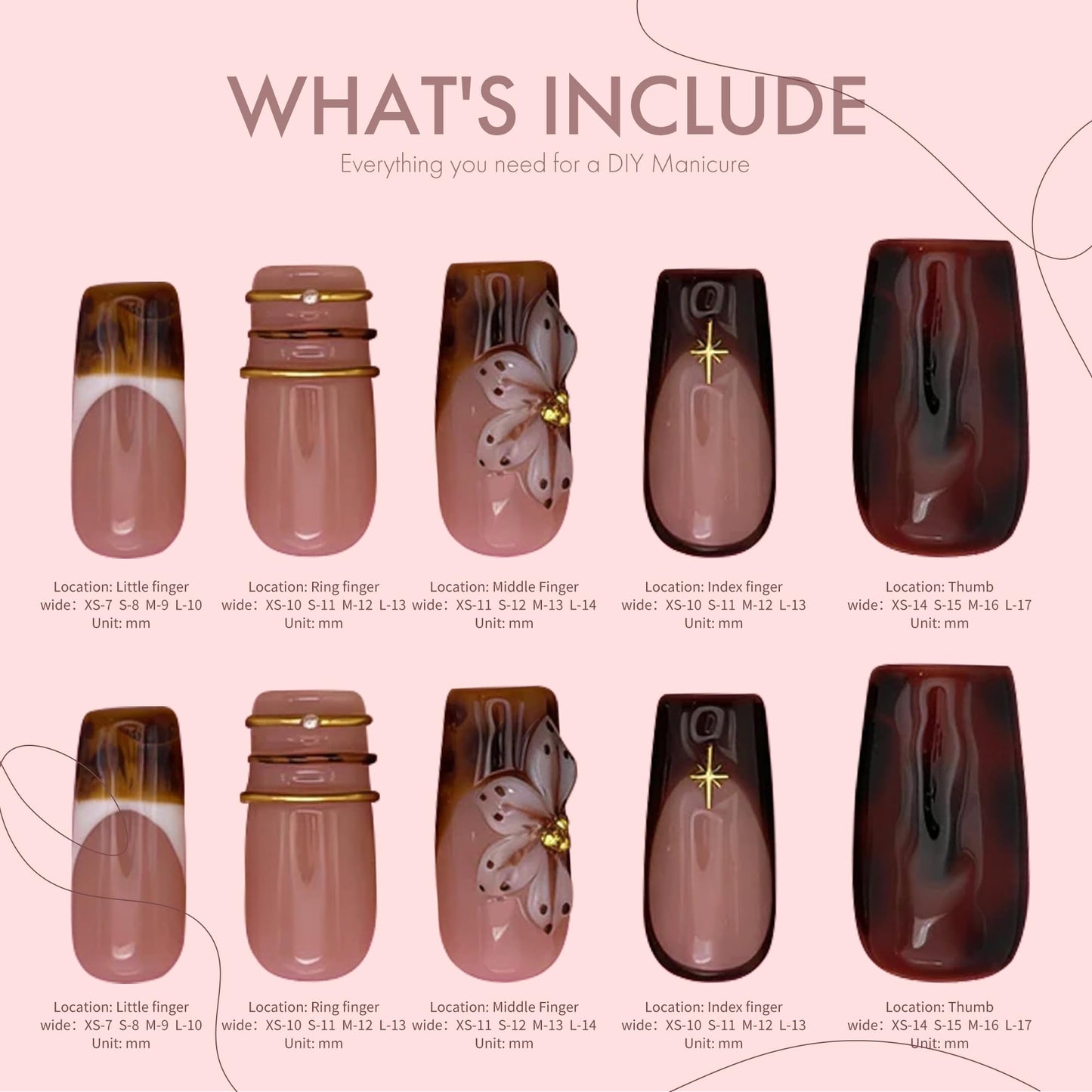 Press On Nails 10-Pack | 25mm Acrylic/UV Gel Nails | Tortoiseshell & Nude Design with Gold Accents | Reusable False Nails for Daily & Special Occasions (amber, S)