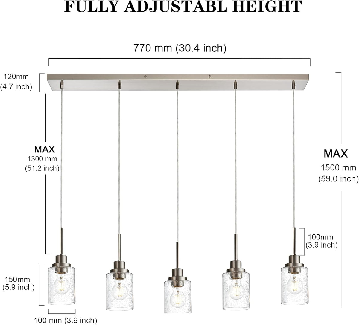 Lighting Contemporary Brushed Nickel Linear Chandelier Pendant Light 5 Lights Clear Seeded Glass Farmhouse Pendant Lighting Modern Dining Room Light Fixture for Living Room Kitchen Island