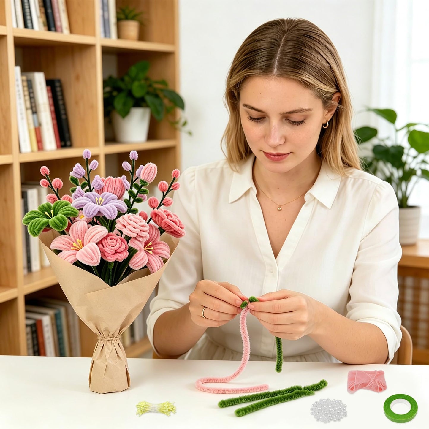 CHRORINE 320 Pcs Pipe Cleaners Bulk Pipe Cleaner Flower Kit Craft Supplies Soft and Flexible Creative Suitable for Art DIY Packaging and Decoration- Green, Light Pink, Pink, Dark Pink