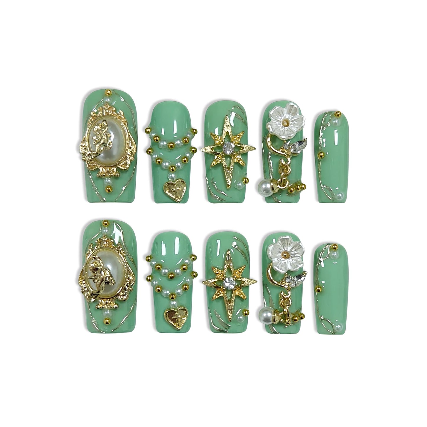 TENPAL Handmade Press on Nails Medium Square,Green Gold Gothic Angel Sweet Sexy Glitter Fake Nails Reusable Daily Wear Salon Acrylic False Nails for Women Girls 10PCS(L)
