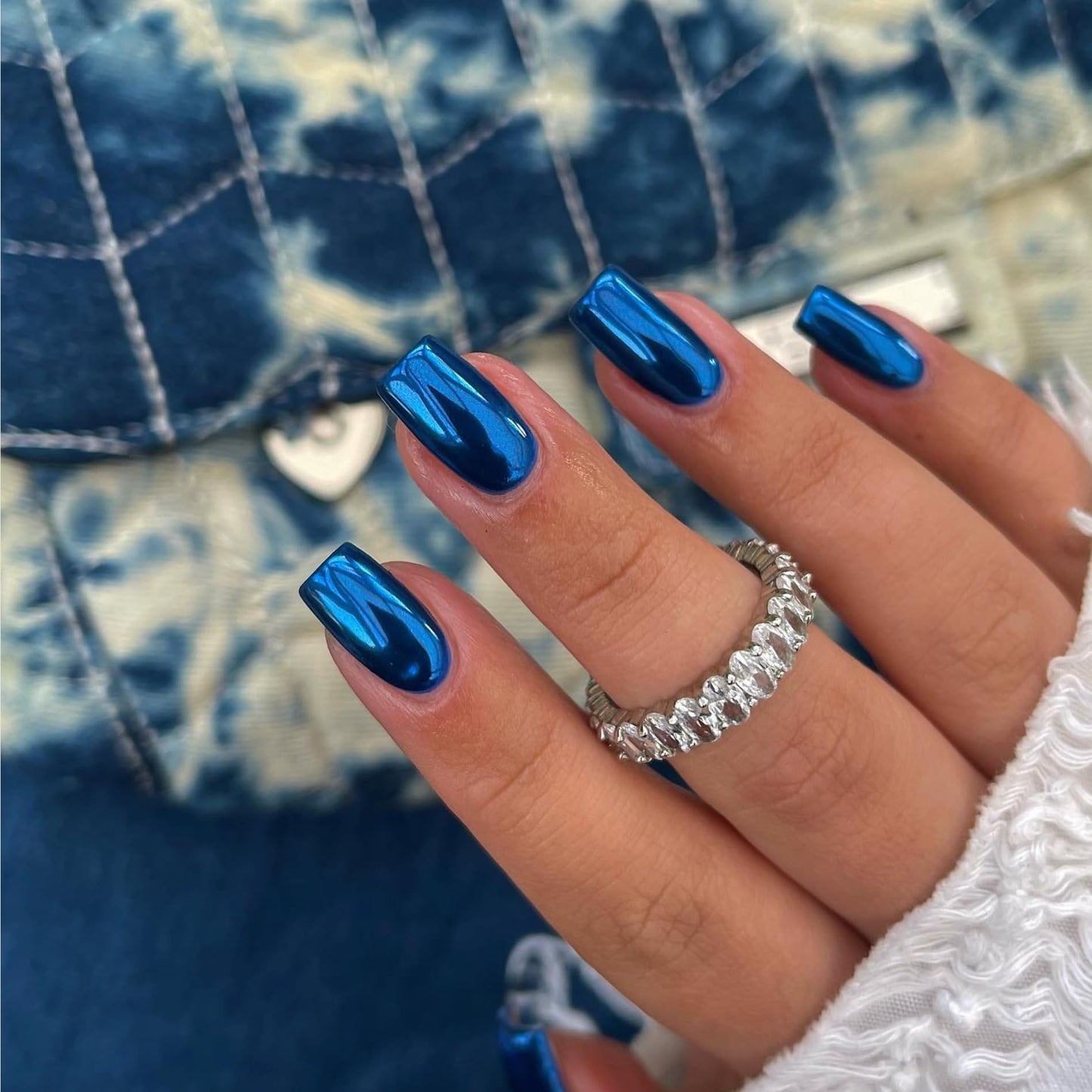 KQueenest Royal Blue Chrome Press on Nails Short Medium Square&Royal Blue Glitter Press on Nails Short Square For Beach Party Daily Decoration in 48 PCS