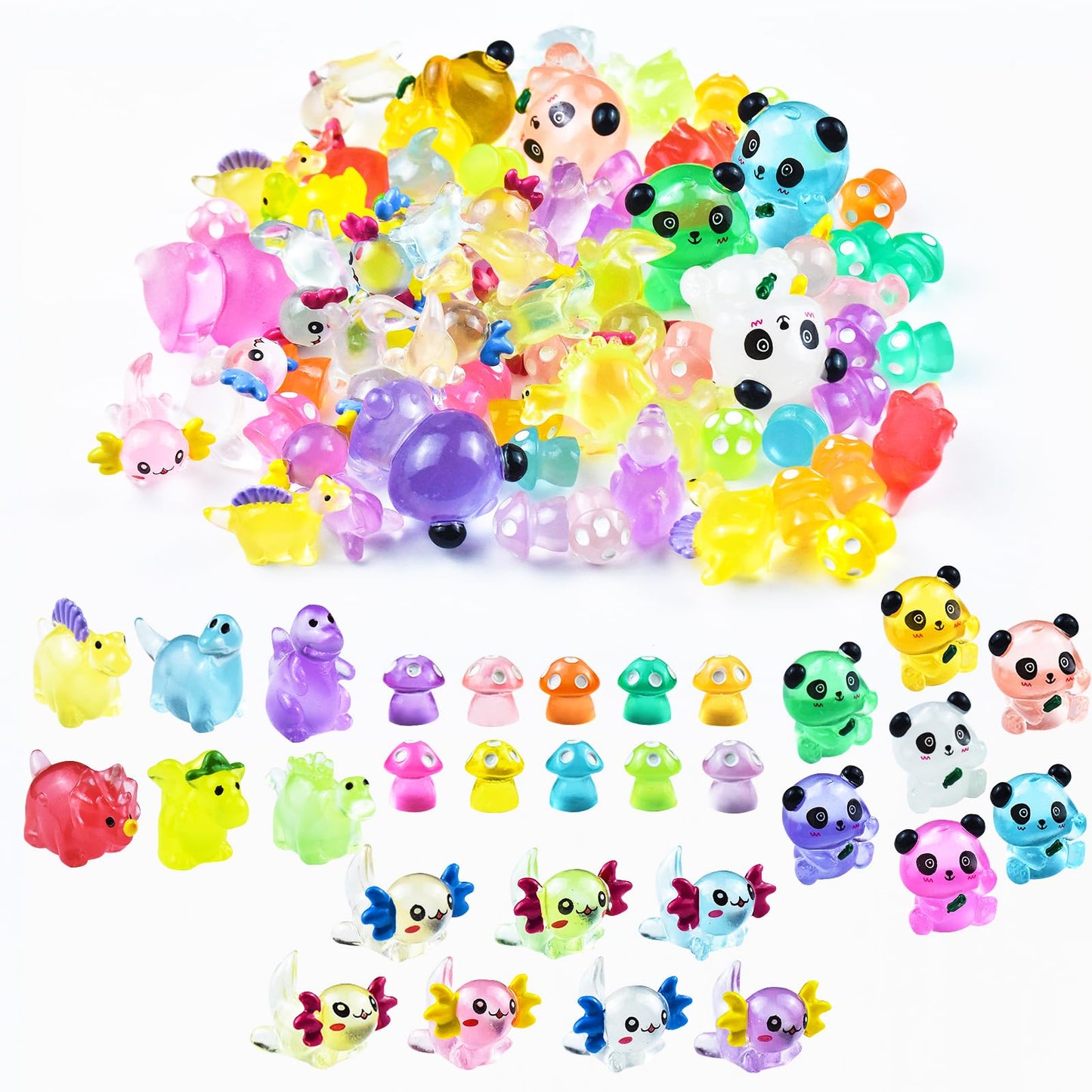 HOMICO 69 PCS Luminous Mini Resin Animals Kit Include Miniature Axolotl Panda Dinosaur Figurines and Tiny Mushroom Tiny Resin Animals for Garden Micro Landscape Aquarium Dollhouse Decor