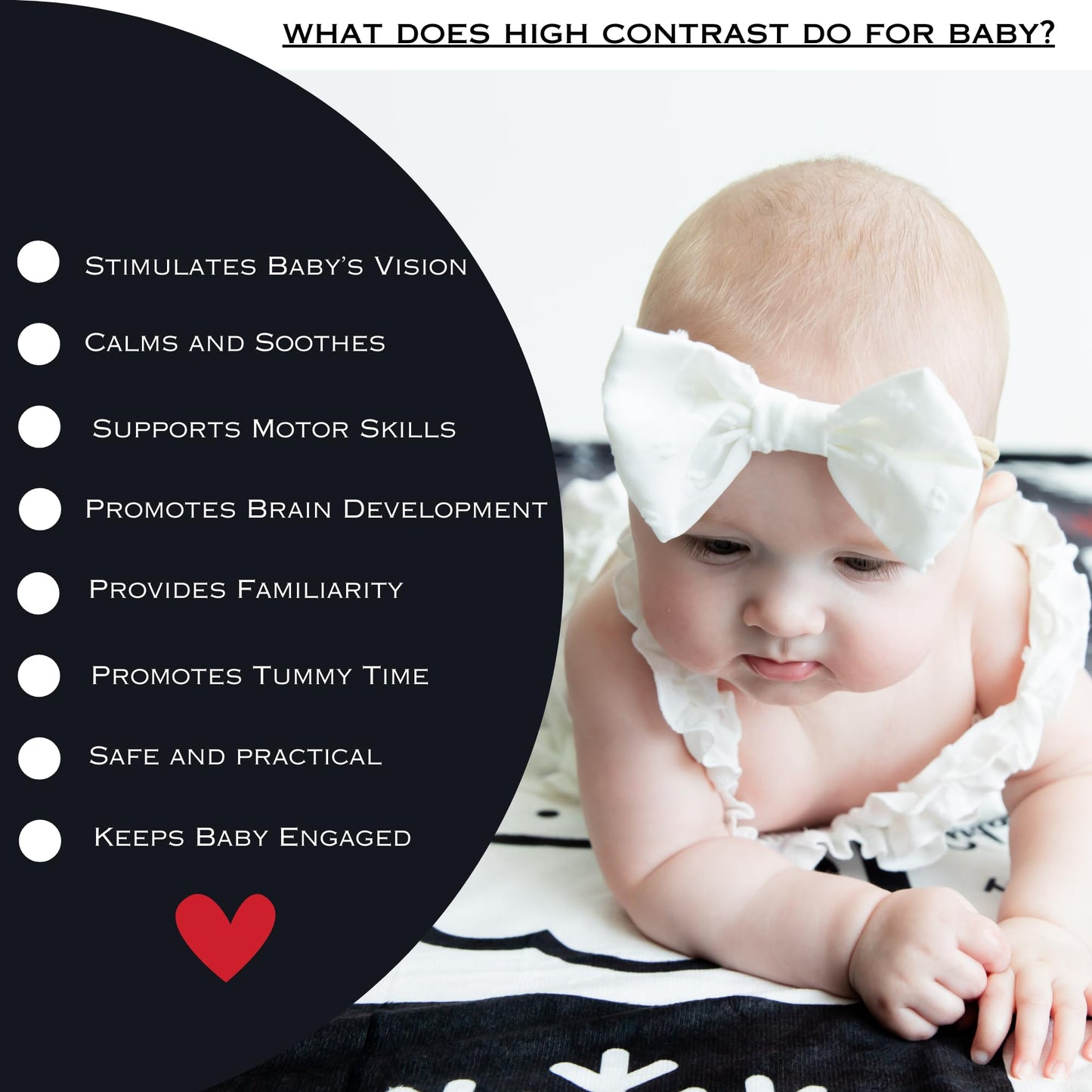 Baby Tummy Time Mat – High Contrast Black White Red Sensory Play Blanket for Newborn Visual Development, Infant Floor Play Area with Sherpa Backing, 50” x 60”