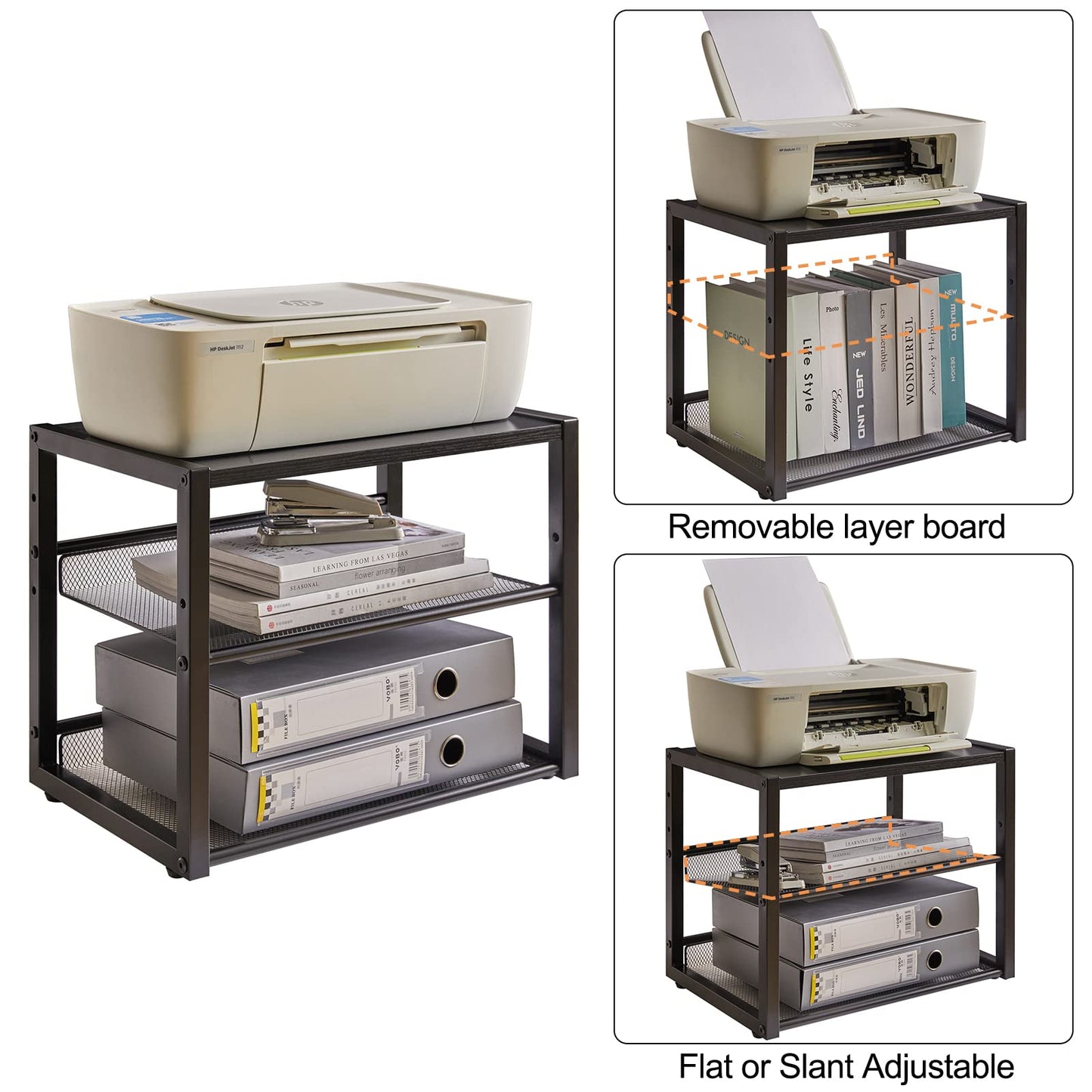 YMYNY Desktop Printer Stand, 3 Tiers Desk Organizer with Adjustable Storage Shelves, Multi-Purpose Printer Shelf for Home Office, Fax Machine, Scanner, Files, Books, Black, UHPT001B