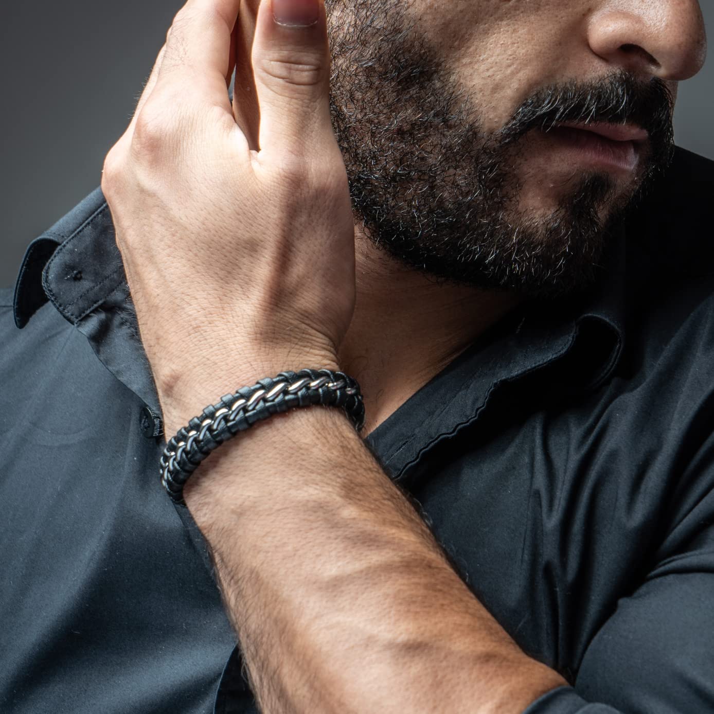 SERASAR Mens Silver Bracelets 17cm Bracelet Men Gift Box Genuine Leather Cowhide Braided Magnetic Clasp Multi Layer Wrap Rope Man Mans Male Band Jewelry Magnet Accessories