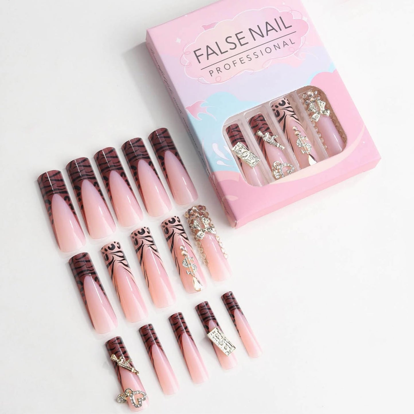 MISUD Press on Nails - Extra Long Square Glue on Nails with Fall Brown, Acrylic Money Charms Design 24 pcs