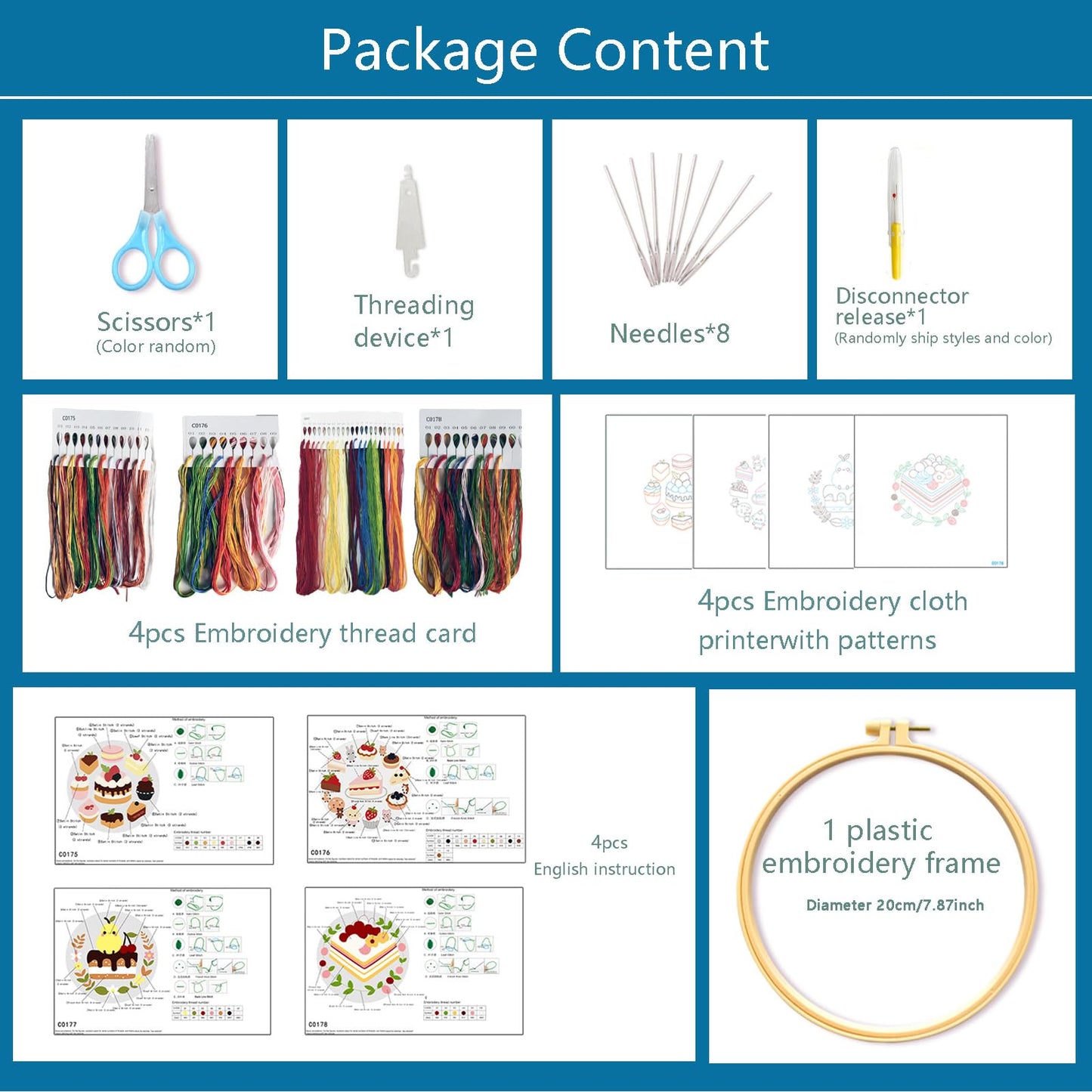 Embroidery Set for Beginners, 4 Sets Cake Fruit Beginner Embroidery Kit for Adults, Includes Embroidery Clothes with Pattern, Hoop, Instruction Manual, Color Stitch Set