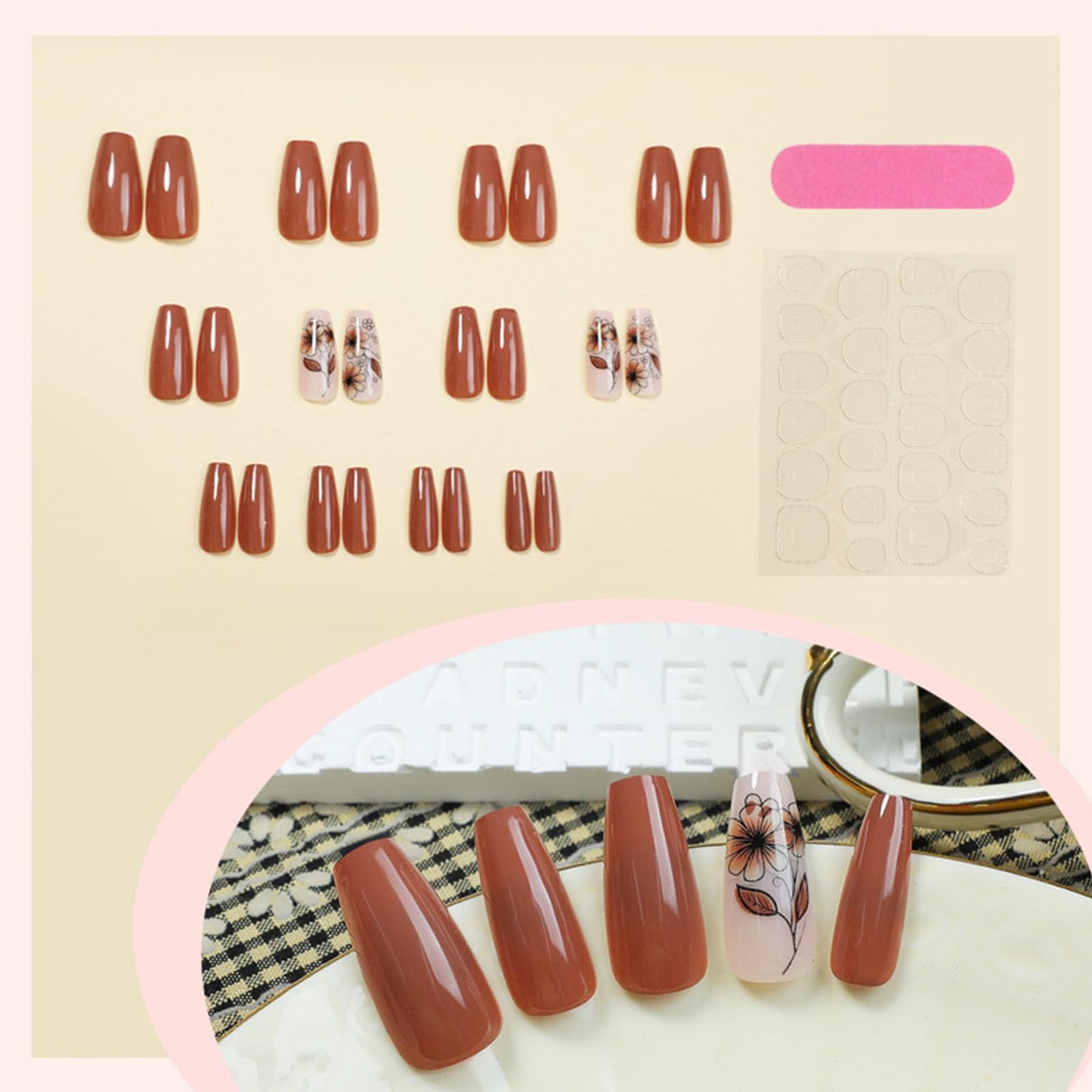 Medium Press On Brown Glossy Glue On Nails - 24Pcs Winter Fall Acrylic False Nails with Floral Designs