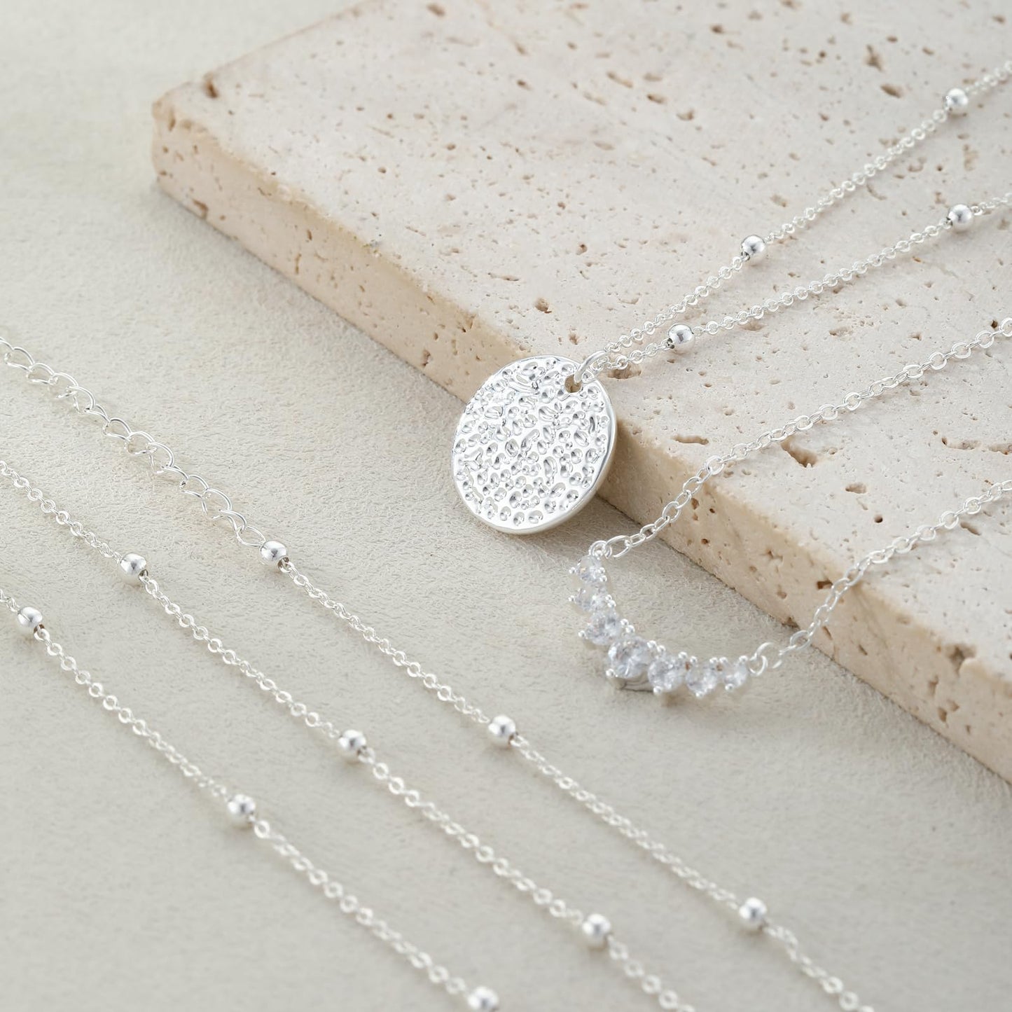 Kyerlyn Layered Silver Necklaces for Women, Stackable Stack Necklaces for Women Trendy Dainty Layering Circle Pendant Choker Chain Set CZ Jewelry Gifts
