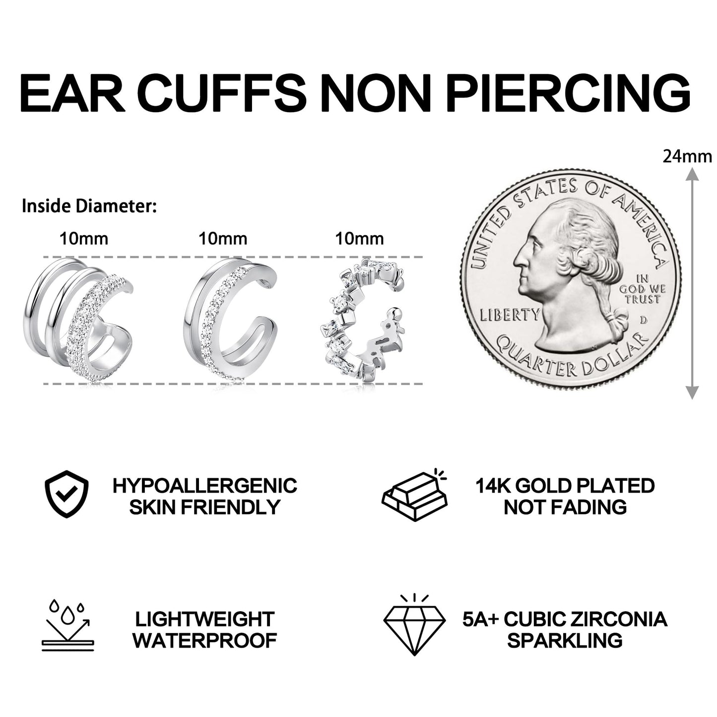 Dochais Ear Cuffs Non-Piercing Earrings for Women Cute Small Clip-On Cartilage Earring 14k Gold Plated Dainty Fake Piercings Earings Silver Style3