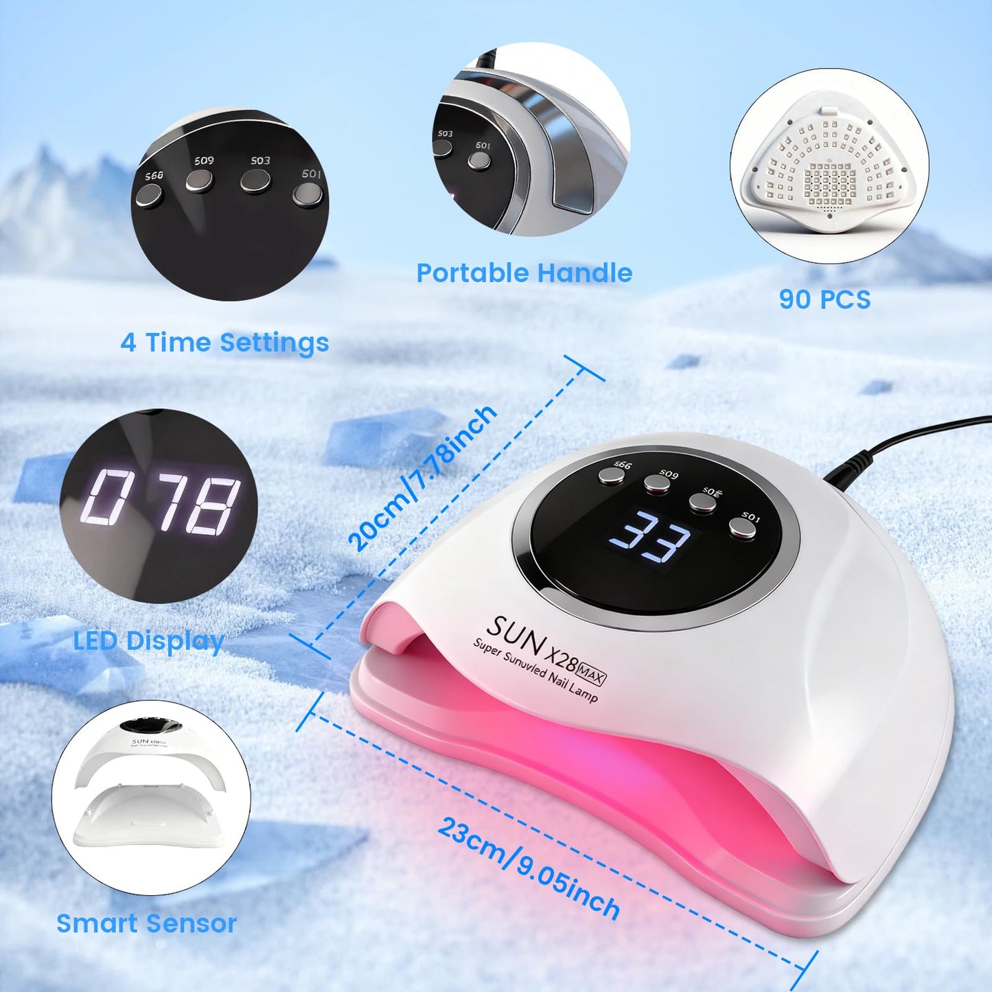 500W Professional UV LED Nail Lamp with 90 LEDs - Smart Sensor & 4 Timers for Fast Curing Gel Polish - Salon-Grade Nail Dryer for Home and Professional Use
