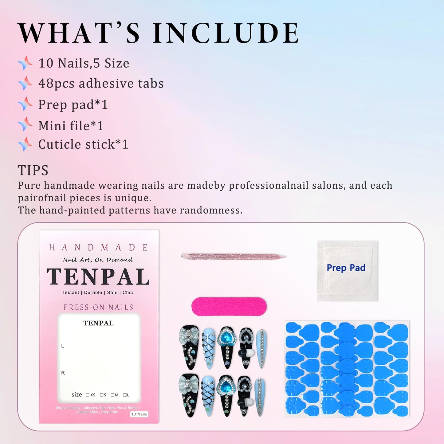 TENPAL 10Pcs Y2K Gothic Press On Nails With Tools,Blue 3D Capsule Pearl Bow & Chain Charms Designs Fake Nails,Long Stiletto Handmade False Nails,Reusable Acrylic Glue on Nails for Party Halloween(XS)