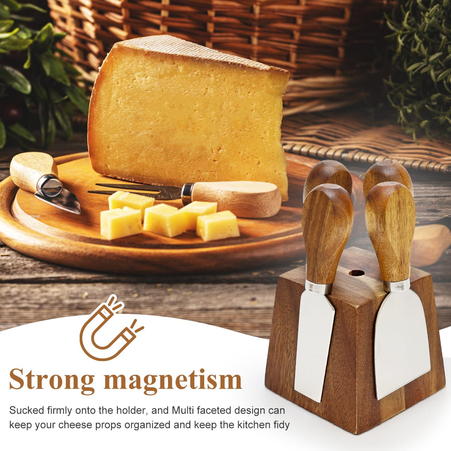 9 Pack Cheese Knives with Holder Acacia Wood Charcuterie Serving Utensils Supplies Cheese Knife Set for Charcuterie Board Accessories Cheese Tools Gift Mini Butter Knife Spreader Slicer Fork