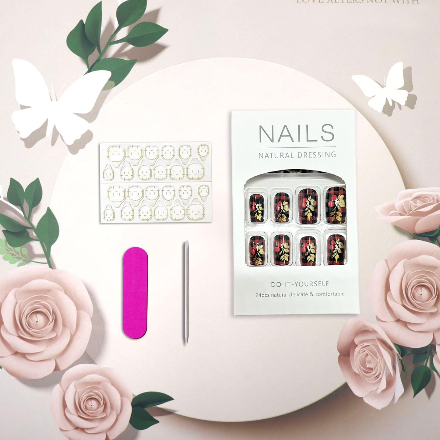 Vopintpy Gold Glitter Leaf Press on Nails Medium Square Fake Nails with Design Glossy Acrylic Glue on Nail Reusable Full Cover Artificial Stick on Nail for Women DIY Manicure