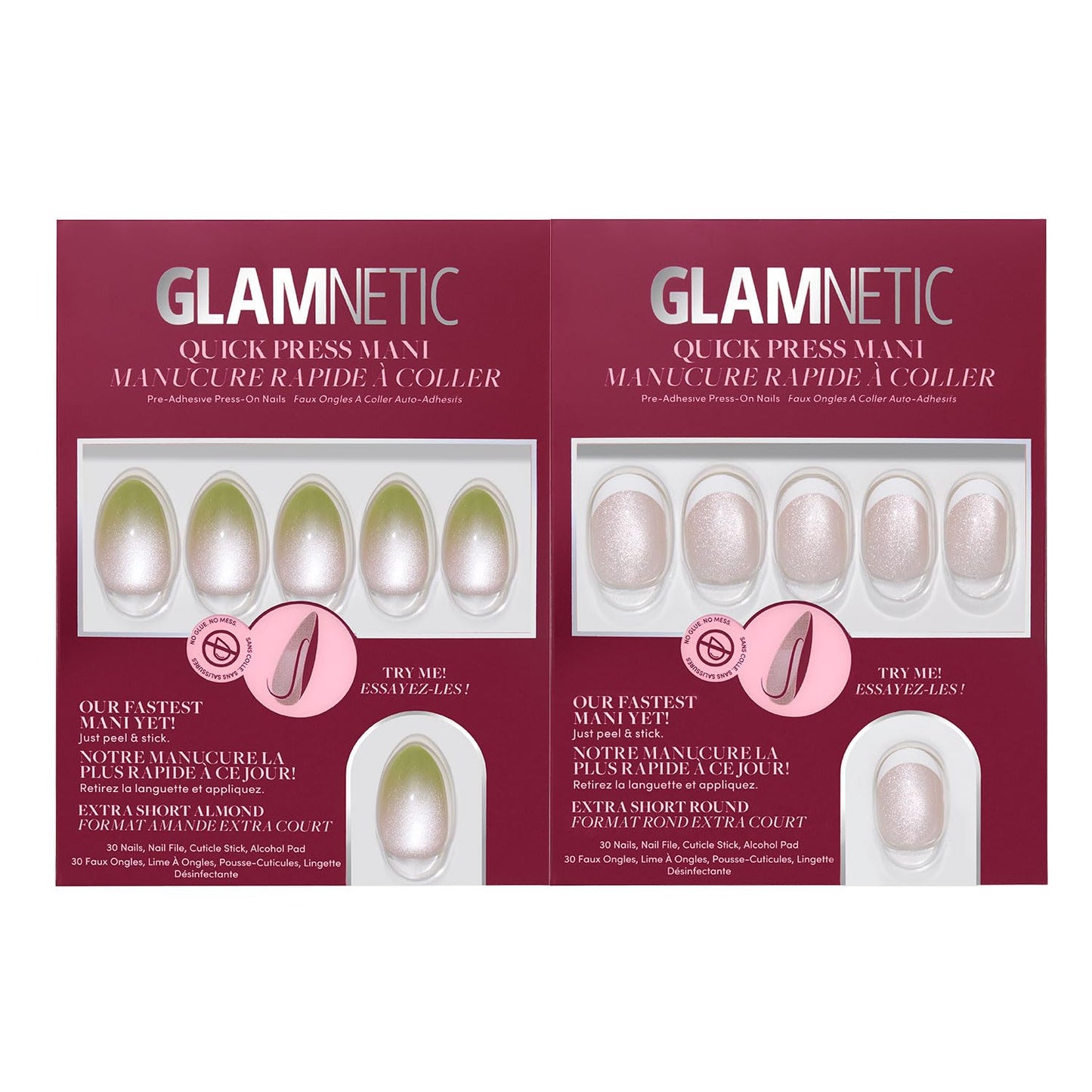 Glamnetic Quick Press Mani Bundle - No Glue Press On Nails, Just Peel and Stick | Lime Beam & Velvet French | Mess Free Salon Quality Stick On Nails | Almond & Round Extra Short Nails