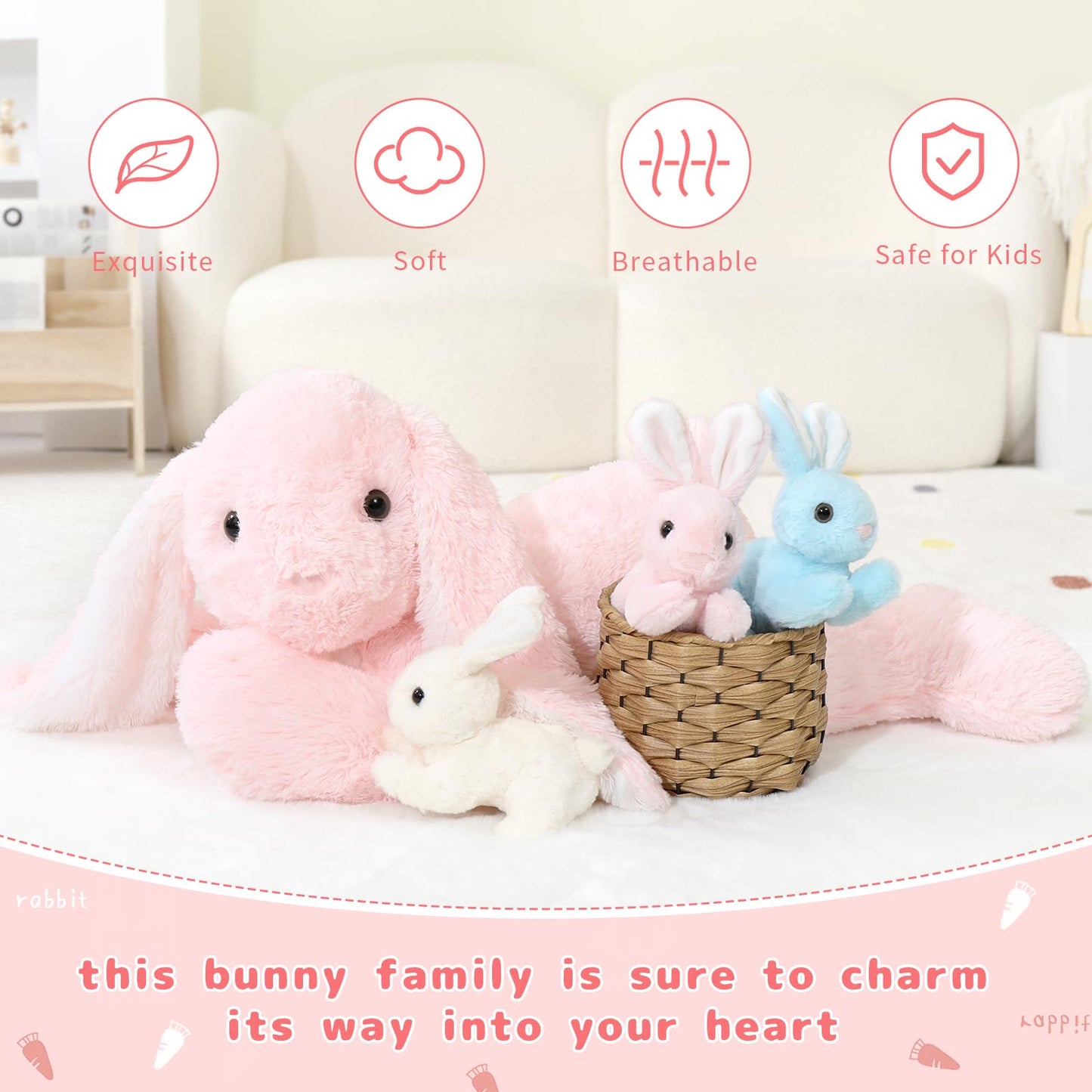 BENINY Big Pink Bunny Stuffed Animal 24" - Large Easter Stuffed Bunny Rabbit Plush Toy Gifts for Girls Baby - Plushy Mommy Bunny Surprise with 3 Babies Inside