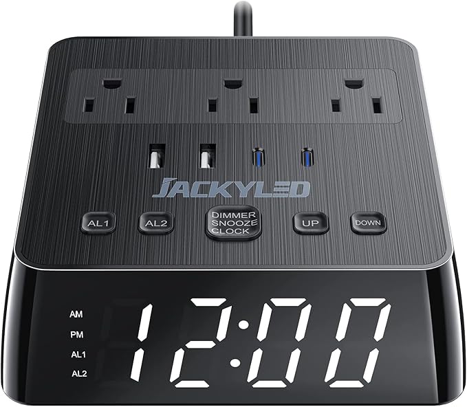 JACKYLED Alarm Clock with 4 USB Chargers, Power Strip 3 Outlets, 1700J
