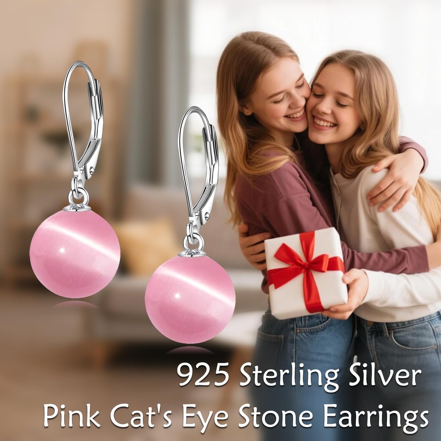 925 Sterling Silver Pink Cat's Eye Leverback Earrings Dangle Drop Jewelry Gifts for Women (Pink Cat's Eye)