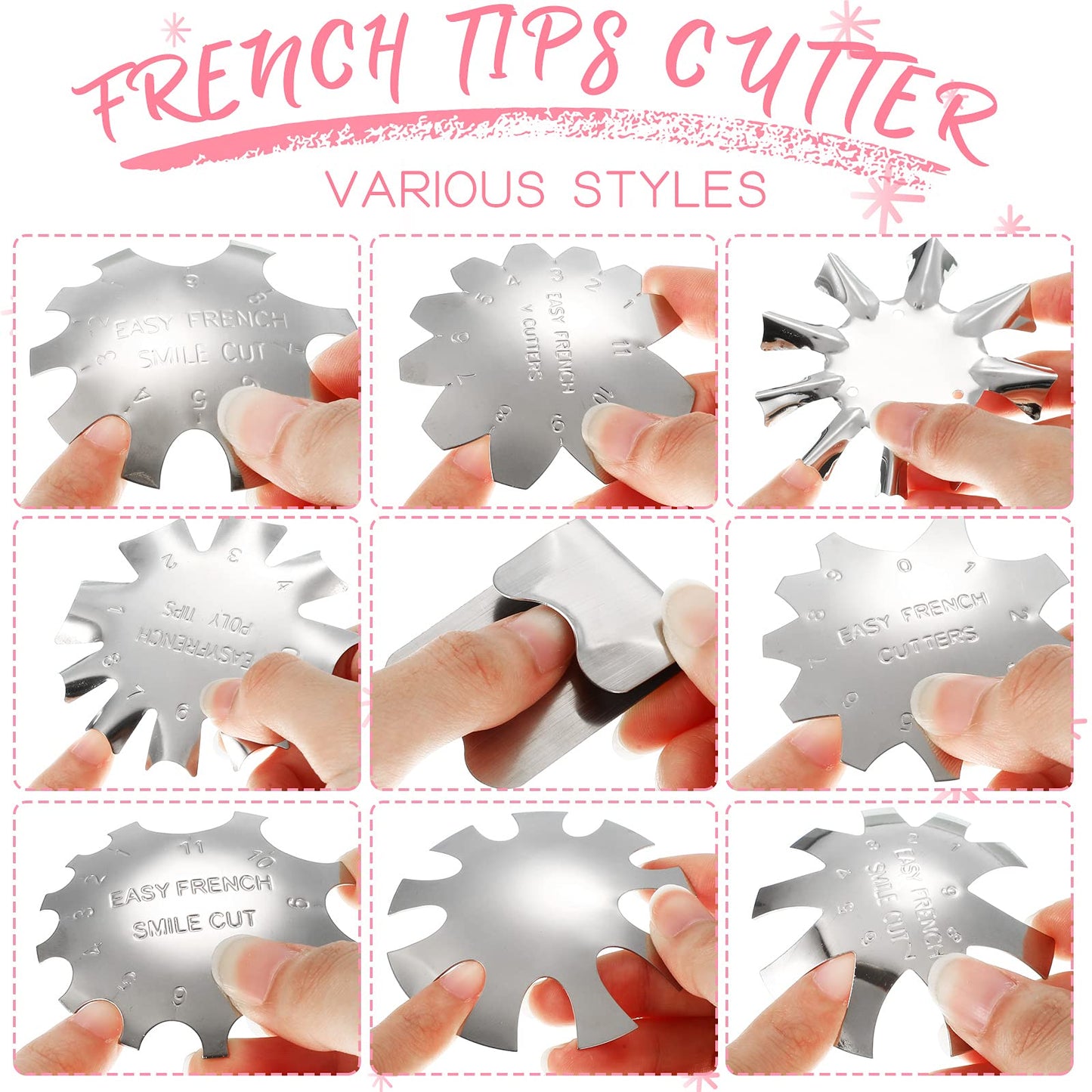 Honoson 12 Pcs French Nail Tip Cutter Tool Kit French Tip Cutters Smile Line Cutter Trimmer Manicure Edge DIY Plate Module with 2 Cutting Knife 5 Spare Blade for Acrylic Nail(Silver)
