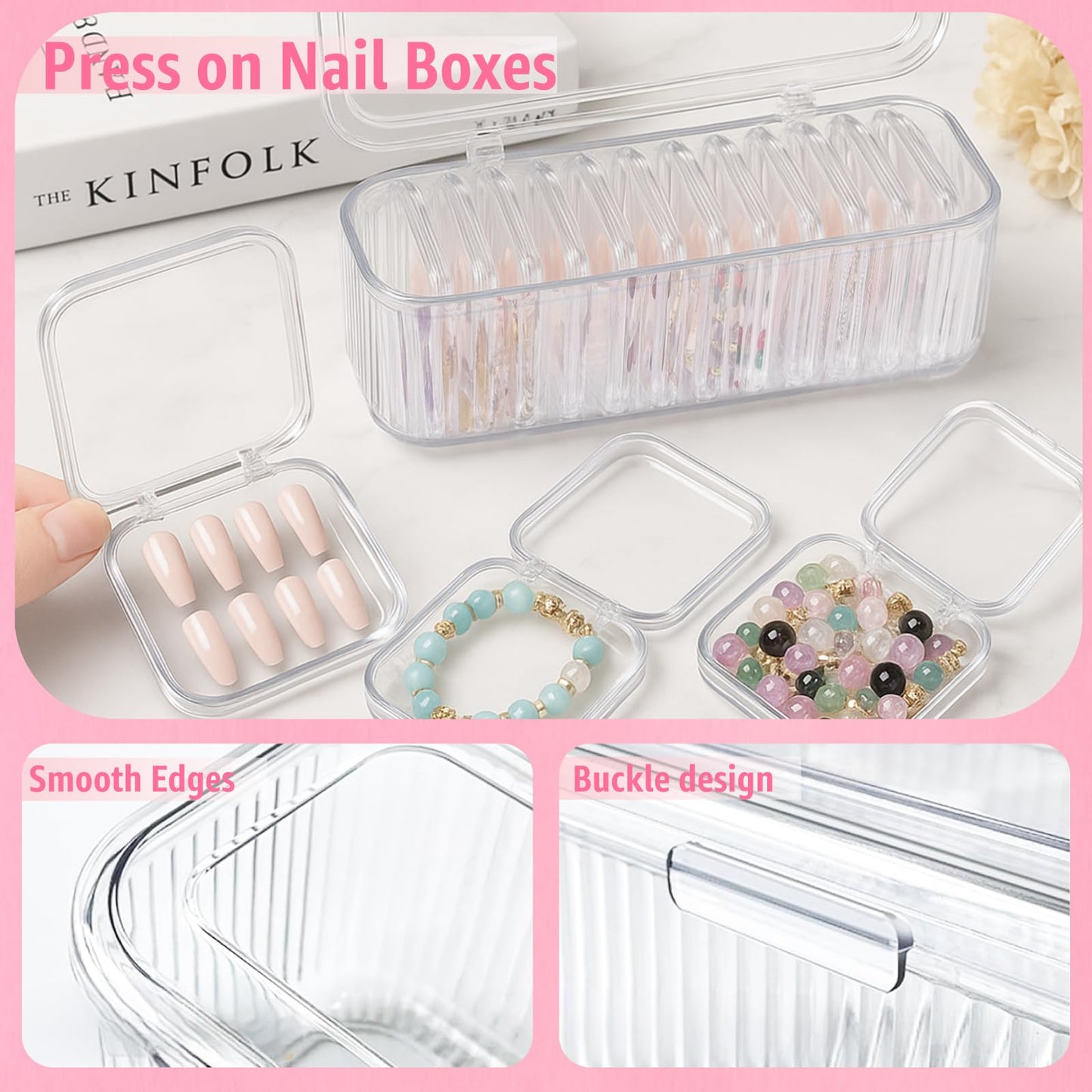XNXA Clear Press On Nail Storage Containers 12-Pack Stackable Cases, Press Ons Nail Packaging Organizer Case, Acrylic Tips and Fake Nails Display Box for Travel and Salon Use (Clear 01)