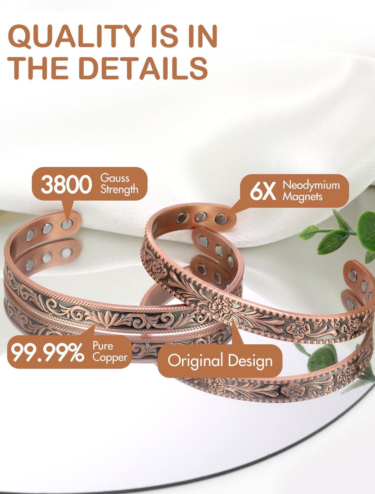 Feraco Magnetic Copper Bracelets for Women Enhanced Strength Copper Magnetic Bracelet for Women, High Gauss Neodymium Therapy Magnets