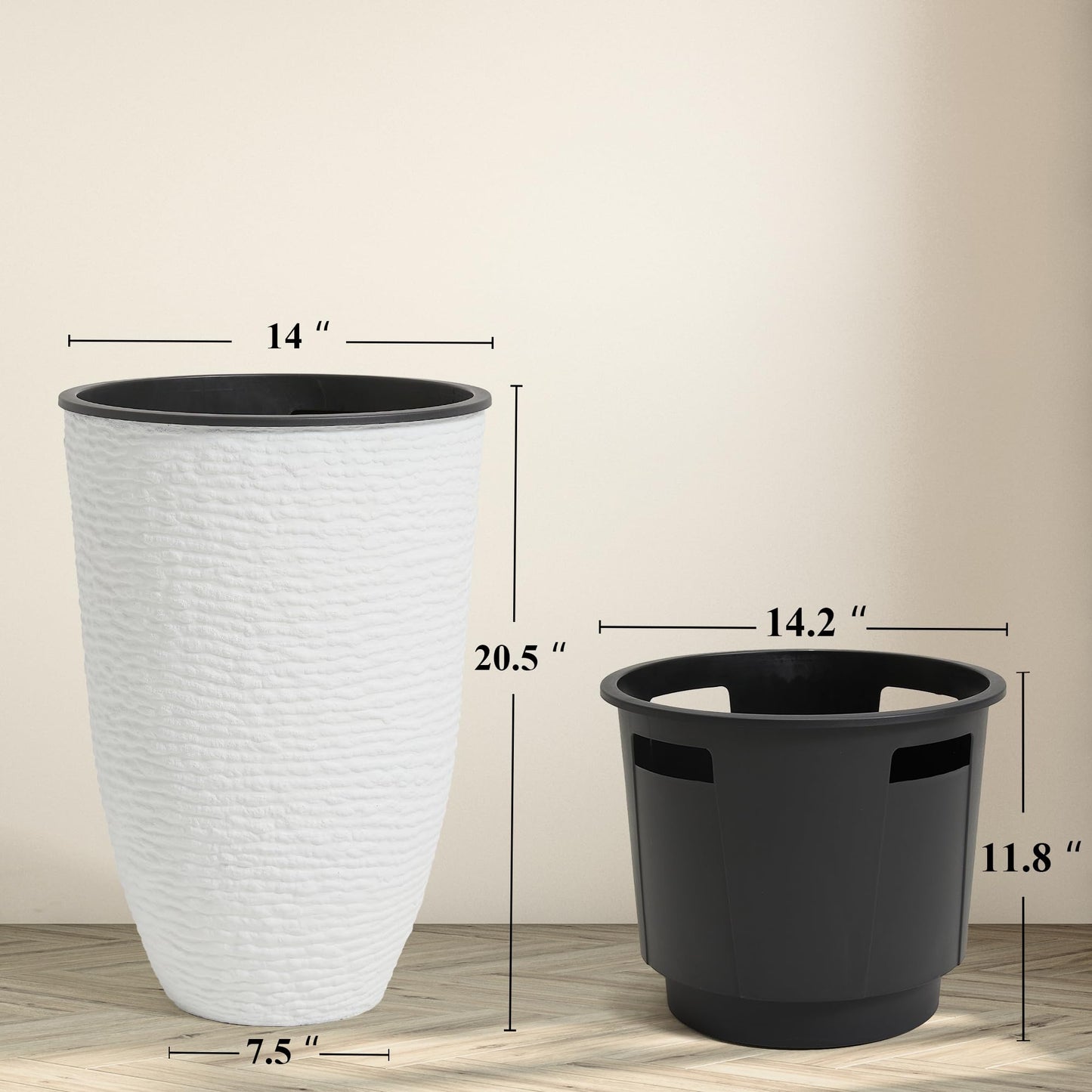 Worth Garden 2-Pack 21" H. White Tall Planters with Inside Pots - 14'' Dia Plastic Large Round Plant Tree Pots - Decorative Imitation Stone Finish for Indoor Outdoor Front Porch Container Patio