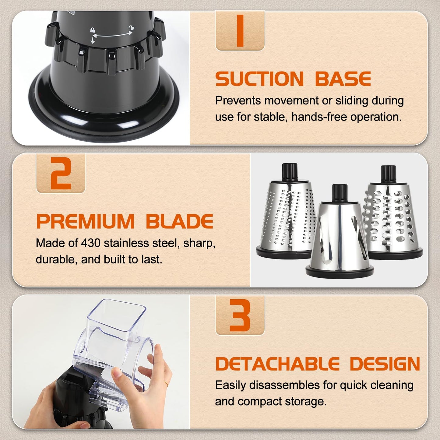 Rotary Cheese Grater Hand Crank, Vegetable Slicer with 3 Blades, Stable Suction, Labor-Saving Handle, Cheese Shredder for Potato Vegetables Nuts Chocolate, Black