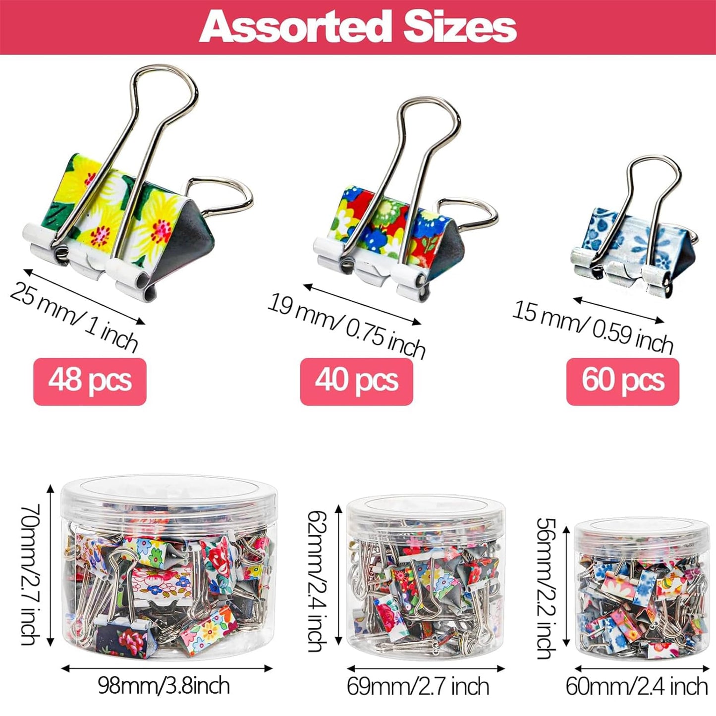 Fasmov 148 Pcs Cute Binder Clips with 3 Sizes (Small/Medium/Large), Office Stationery Clips for Organizing Papers, Crafting & DIY Projects, Paper Clamps Perfect for Office, School, and Home Use