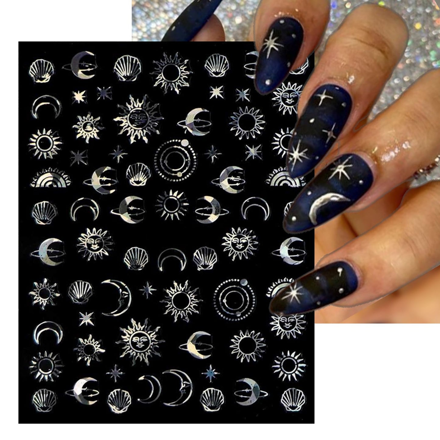 IDDFEVE Gold Sun Nail Art Stickers - Sliver Moon Star Self-Adhesive 3D Nail Decals for DIY Golden Slivery Manicure (6 Sheets)