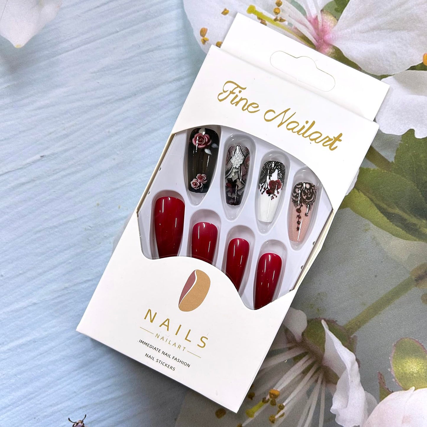 24Pcs Flower False Nails Red Press on Nails Medium Rose Flower Design Glossy Acrylic Nails Black Lace Fake Nails Valentine's Coffin Nails Heart Stick on Nails Full Cover Glue on Nails for Women