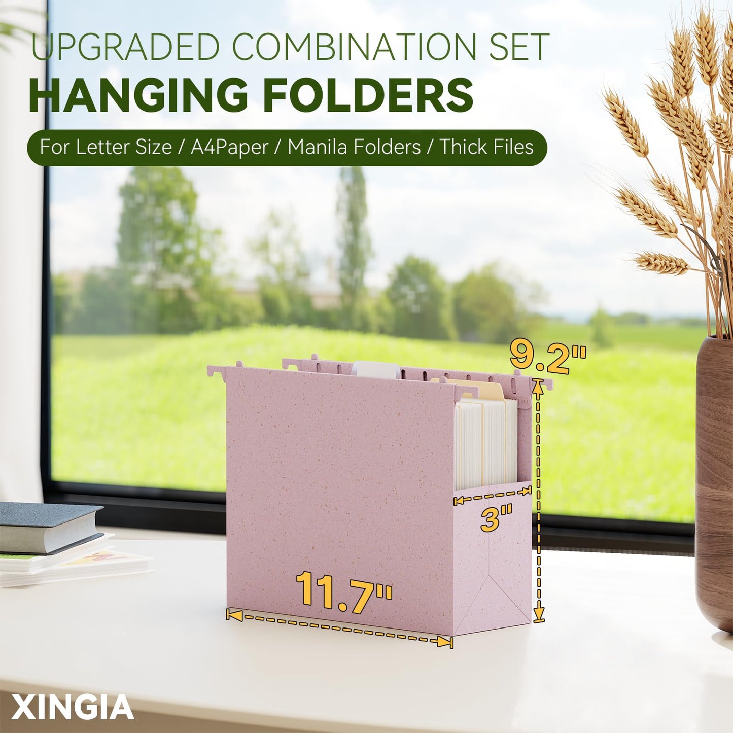XINGIA Hanging File Folders Letter Size,1'' & 2'' & 3''Expandable File Cabinet Folders with Tabs,Extra Capacity Plastic Hanging File Organizer,12 Pack Pastel Wheat Straw Hang Folder for Office School