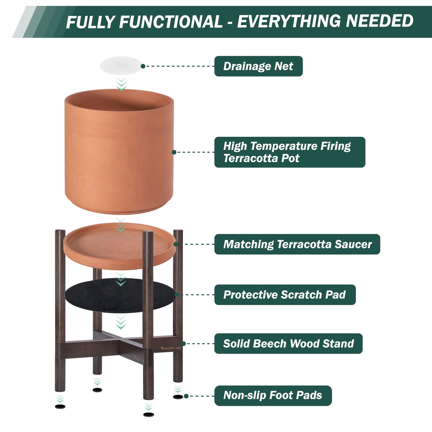 D'vine Dev Terracotta Planter with Walnut Color Stand - 10 Inch Modern Round Flower Pot with Wood Planter Holder, Terracotta, 55-B-X-5