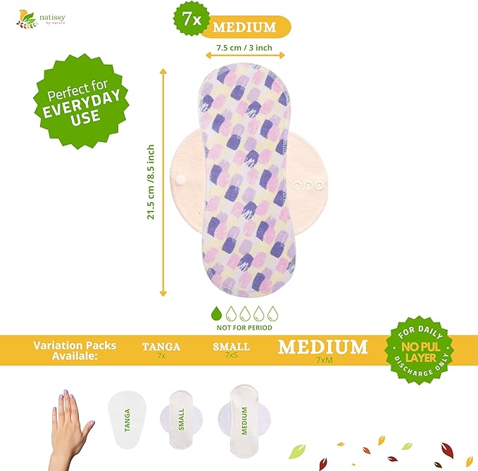Non-Slip Organic Reusable Panty Liners for Women & Teens (Medium, 7-Pack); High-Temp Washable Cotton Cloth Liners; Stay Fresh & Dry, for Daily Vaginal Discharge Only; 100% Breathable (no PUL/TPU)