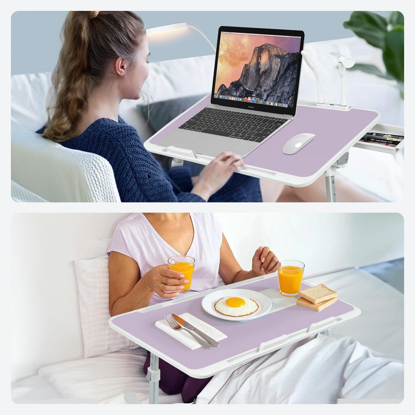 iXTRA Laptop Lap Desk Include Cooling Fan,Adjustable Lap Desk with Light Fan,Folding Laptop Desk for Bed with USB,Bed Desk with Storage Drawer 56x32cm,Purple