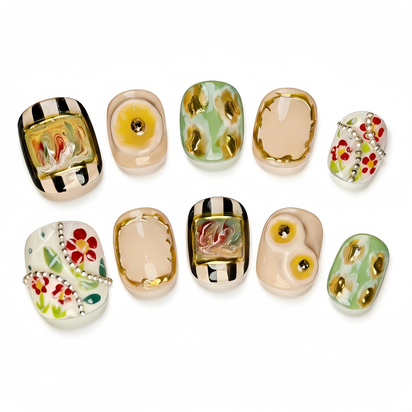Fine Point Gallery Bloom Press On Nails, 10pcs Short Squoval for Hands, Handmade Floral & Stripe Mix with Gold Frame Accents, Reusable Glue On False Nails (Size Medium)