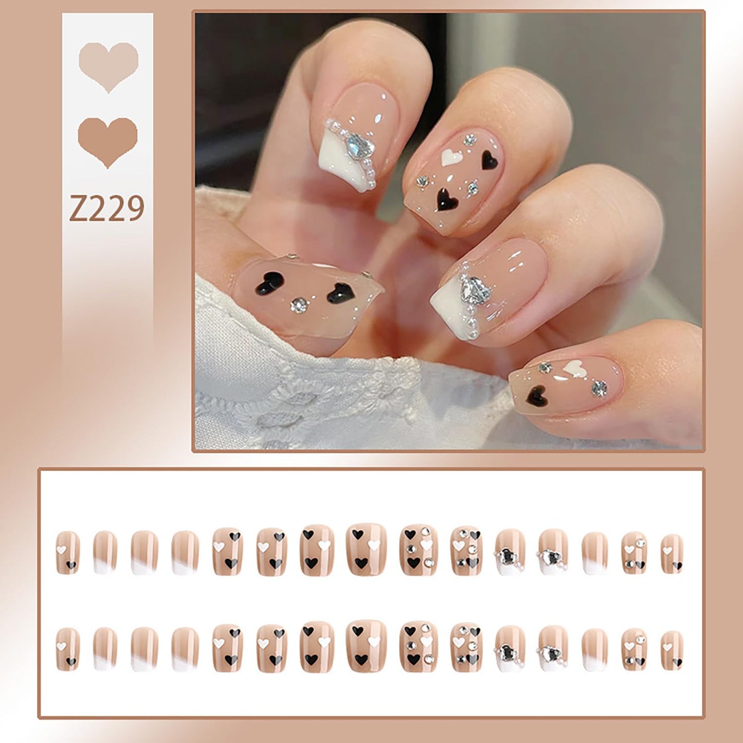 Press on Short Square Nails Glossy Full Cover Acrylic Short Square False Nails with Black White Heart Designs Artificial Rhinestone Fake Nails with Charms Glue ons Fingernails for Women Girls
