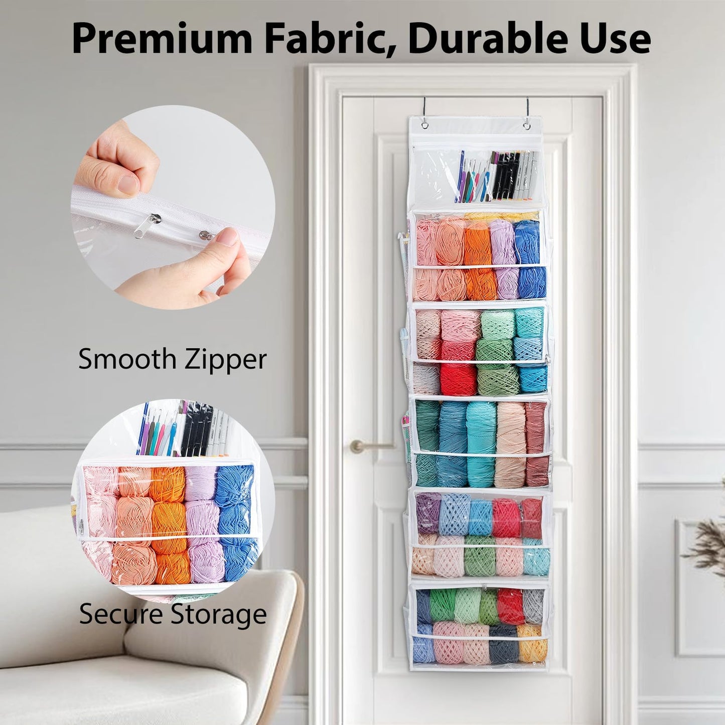 Bounlgsr 6 Large Hanging Yarn Storage Organizer with Double Zippers,10 Side Pockets, Large Capacity Knitting Needle Organizer, Over Door Yarn Organizer for Knitting Needles and Yarn